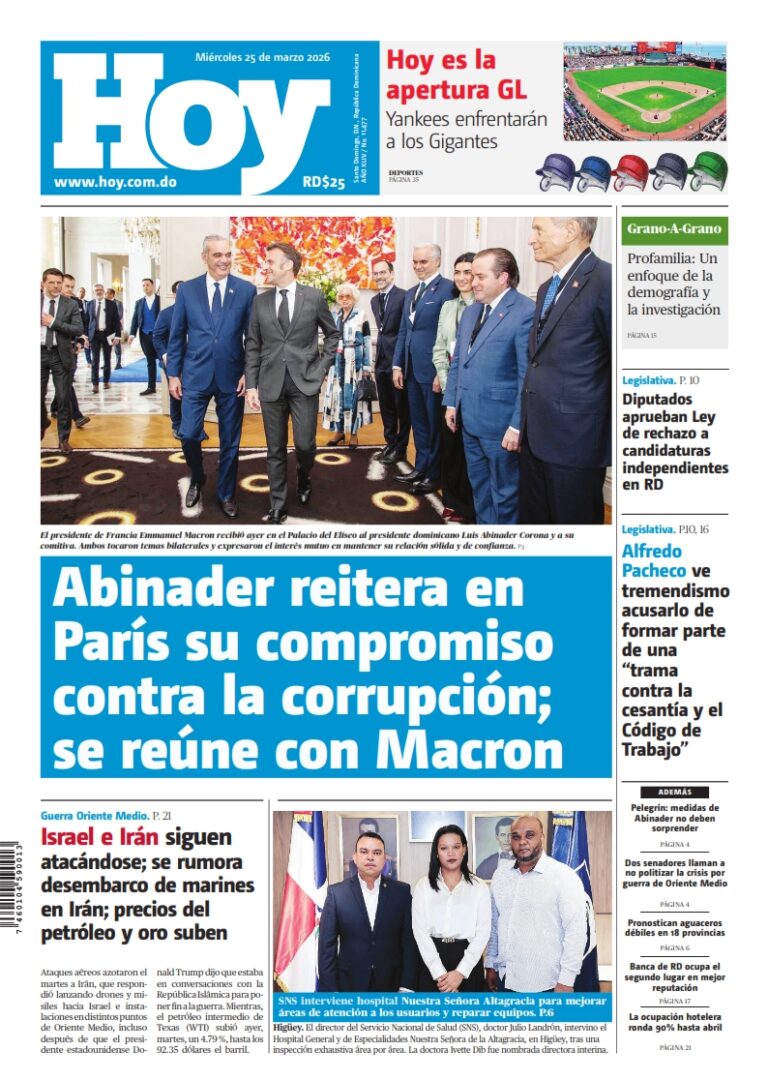 Portada Periódico Hoy, Miércoles 25, Marzo, 2026