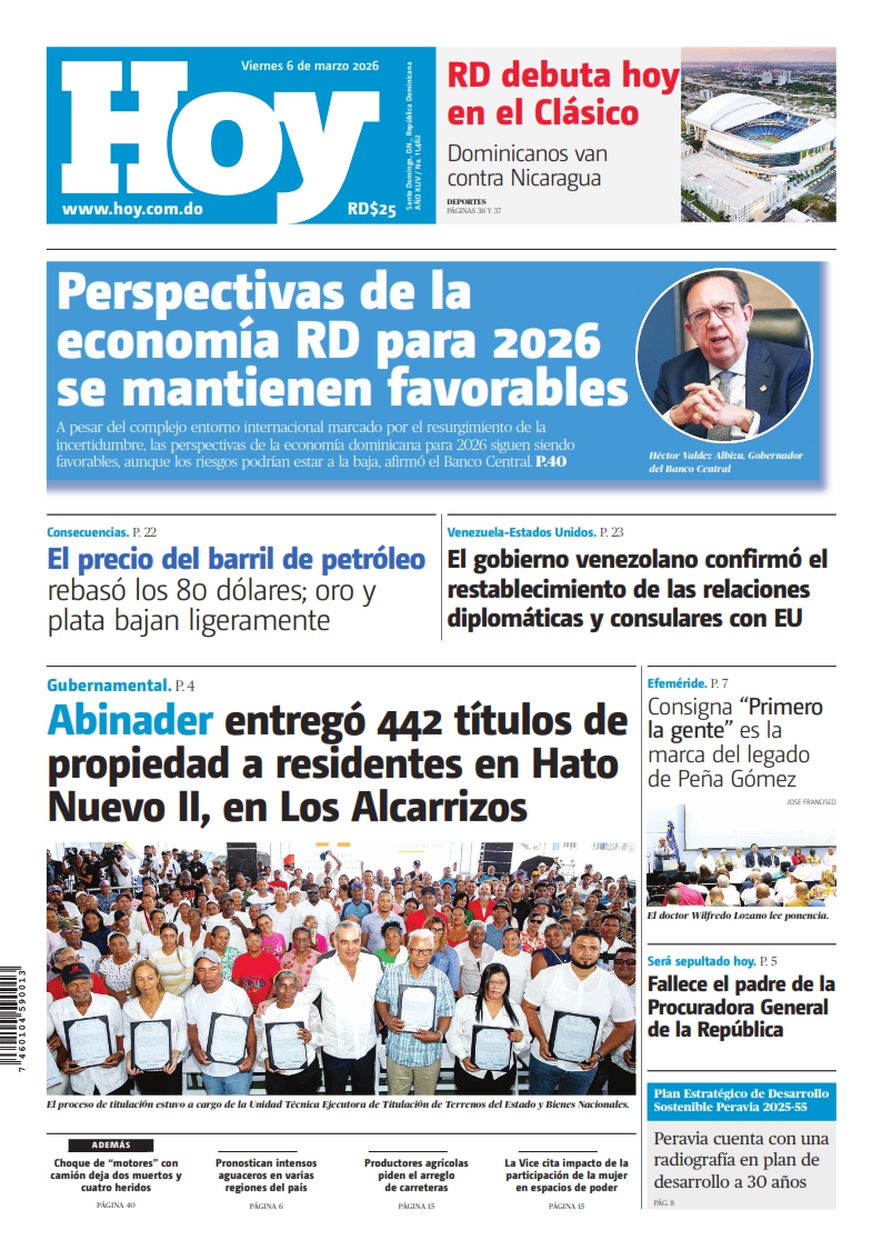 Portada Periódico Hoy, Viernes 06, Marzo, 2026