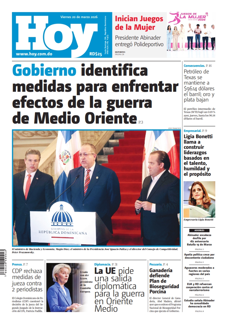 Portada Periódico Hoy, Viernes 20, Marzo, 2026