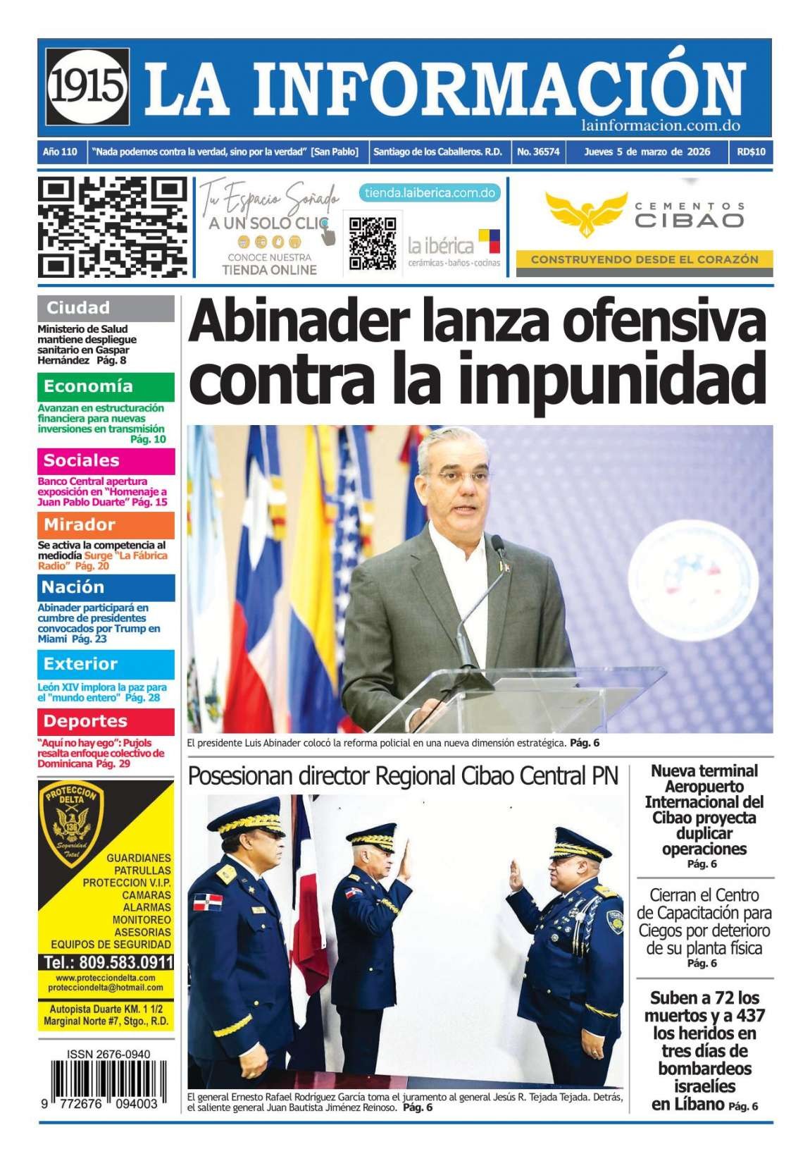 Portada Periódico La Información, Jueves 05, Marzo, 2026