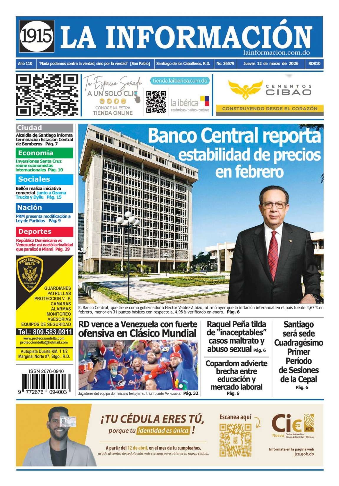 Portada Periódico La Información, Jueves 12, Marzo, 2026