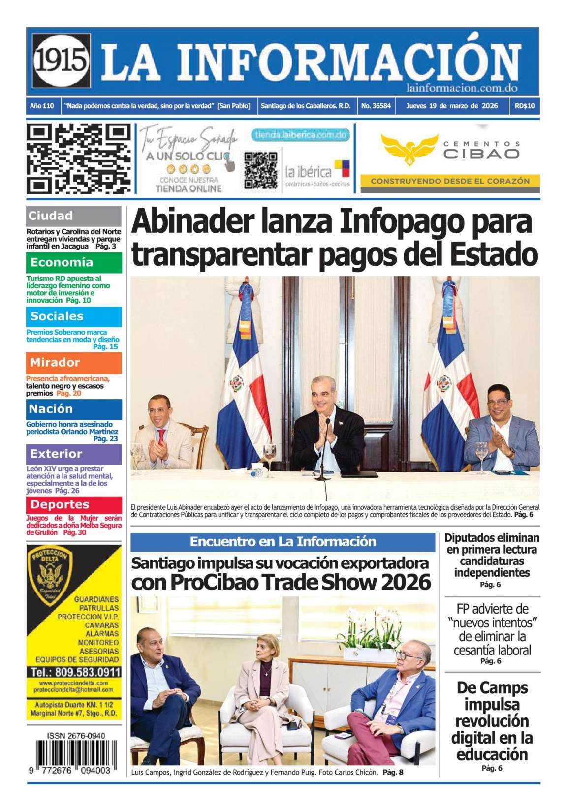 Portada Periódico La Información, Jueves 19, Marzo, 2026