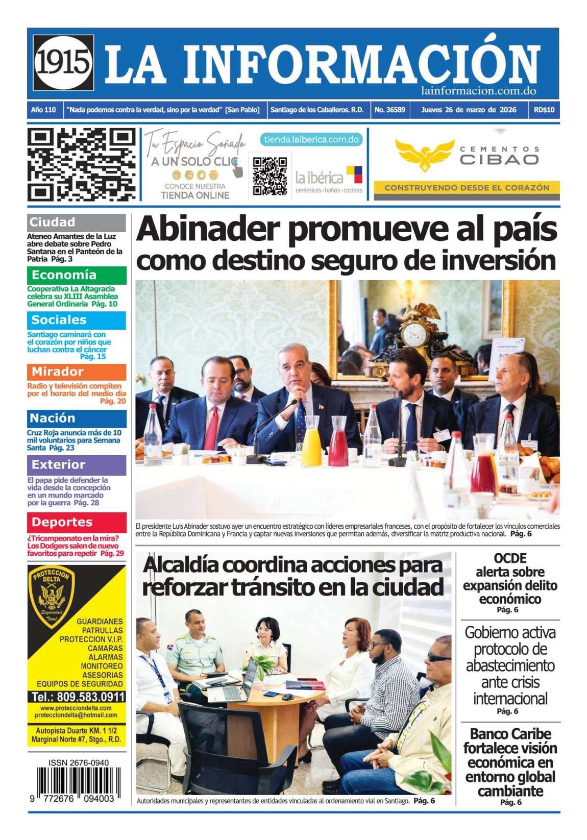 Portada Periódico La Información, Jueves 26, Marzo 2026