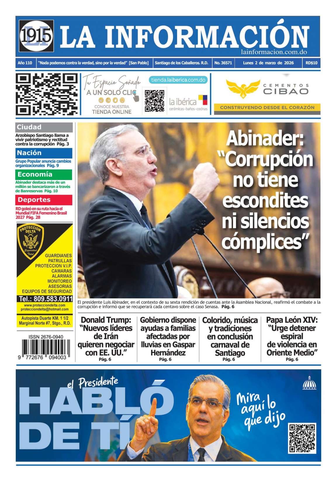 Portada Periódico La Información, Lunes 02, Marzo, 2026