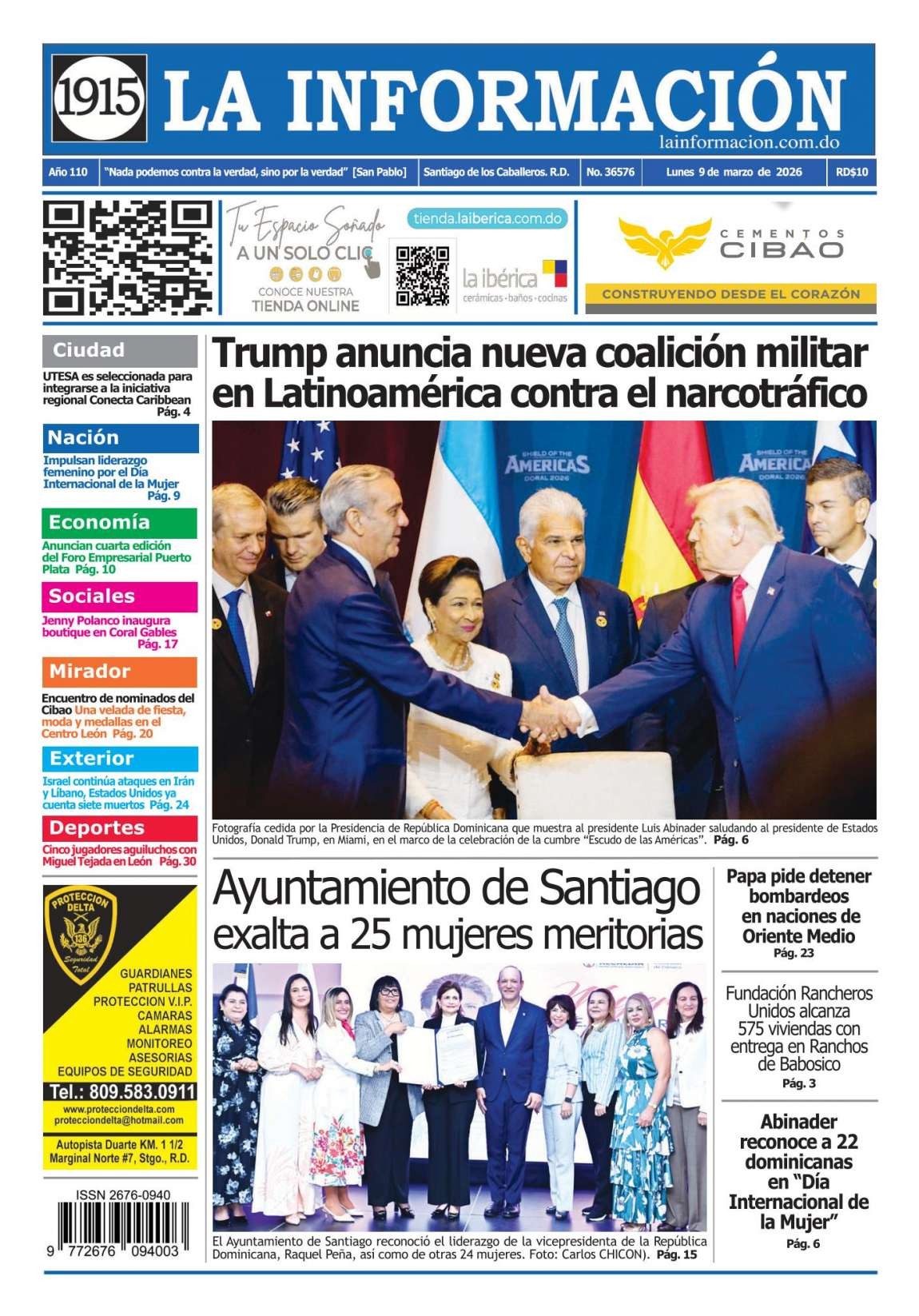Portada Periódico La Información, Lunes 09, Marzo, 2026