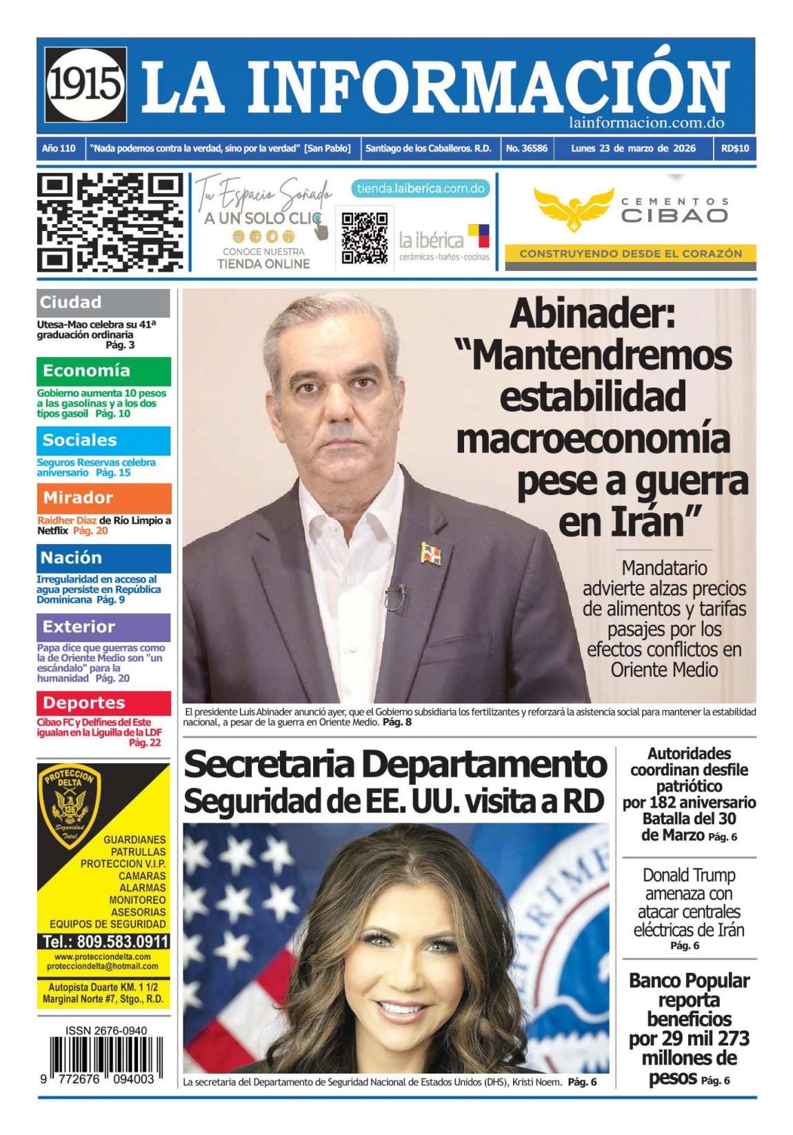 Portada Periódico La Información, Lunes 23, Marzo, 2026