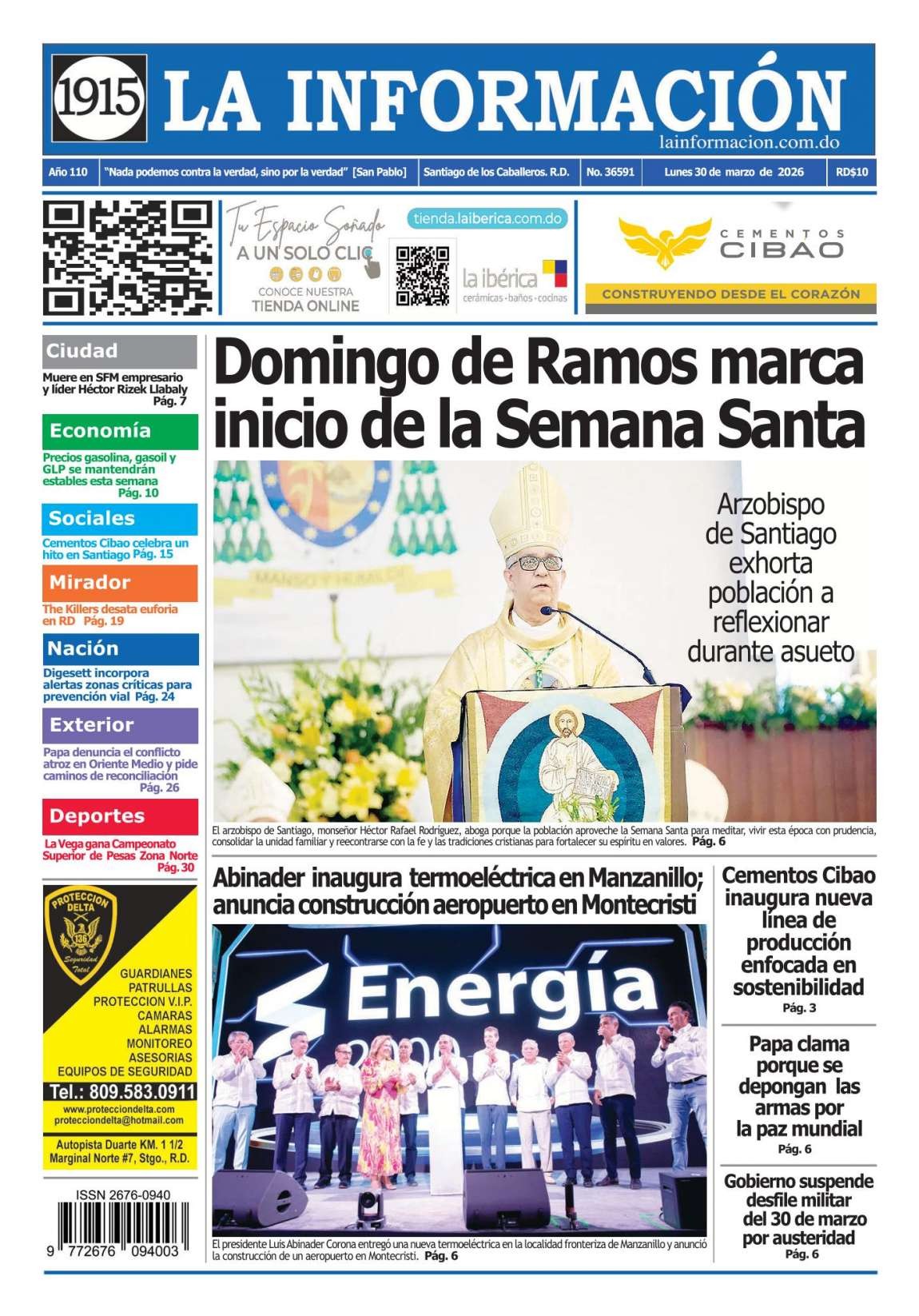 Portada Periódico La Información, Lunes 30, Marzo 2026