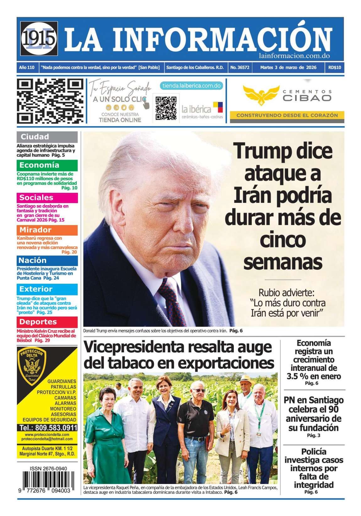 Portada Periódico La Información, Martes 03, Marzo, 2026