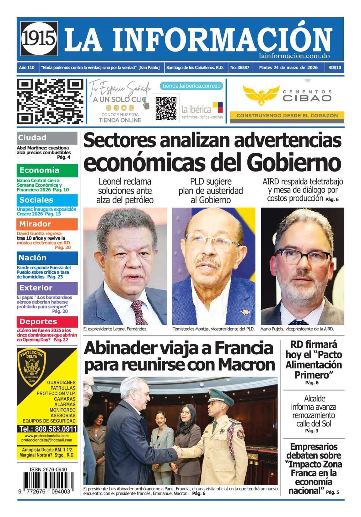 Portada Periódico La Información, Martes 24, Marzo, 2026