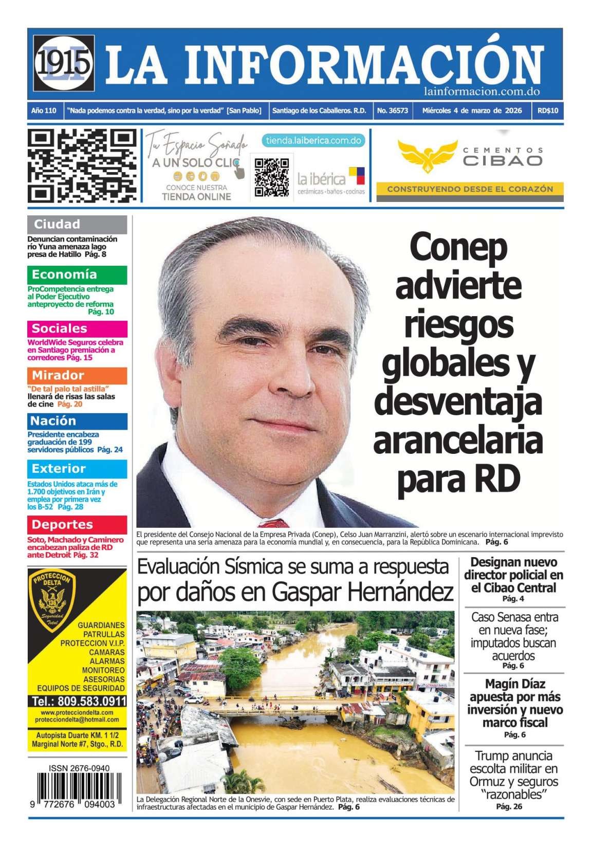 Portada Periódico La Información, Miércoles 04, Marzo, 2026