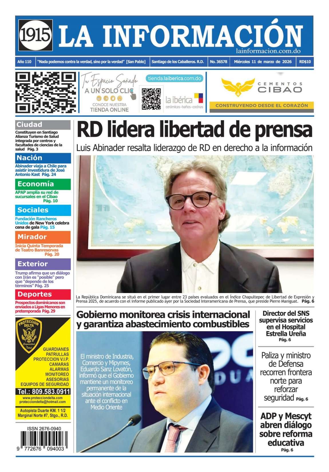 Portada Periódico La Información, Miércoles 11, Marzo, 2026