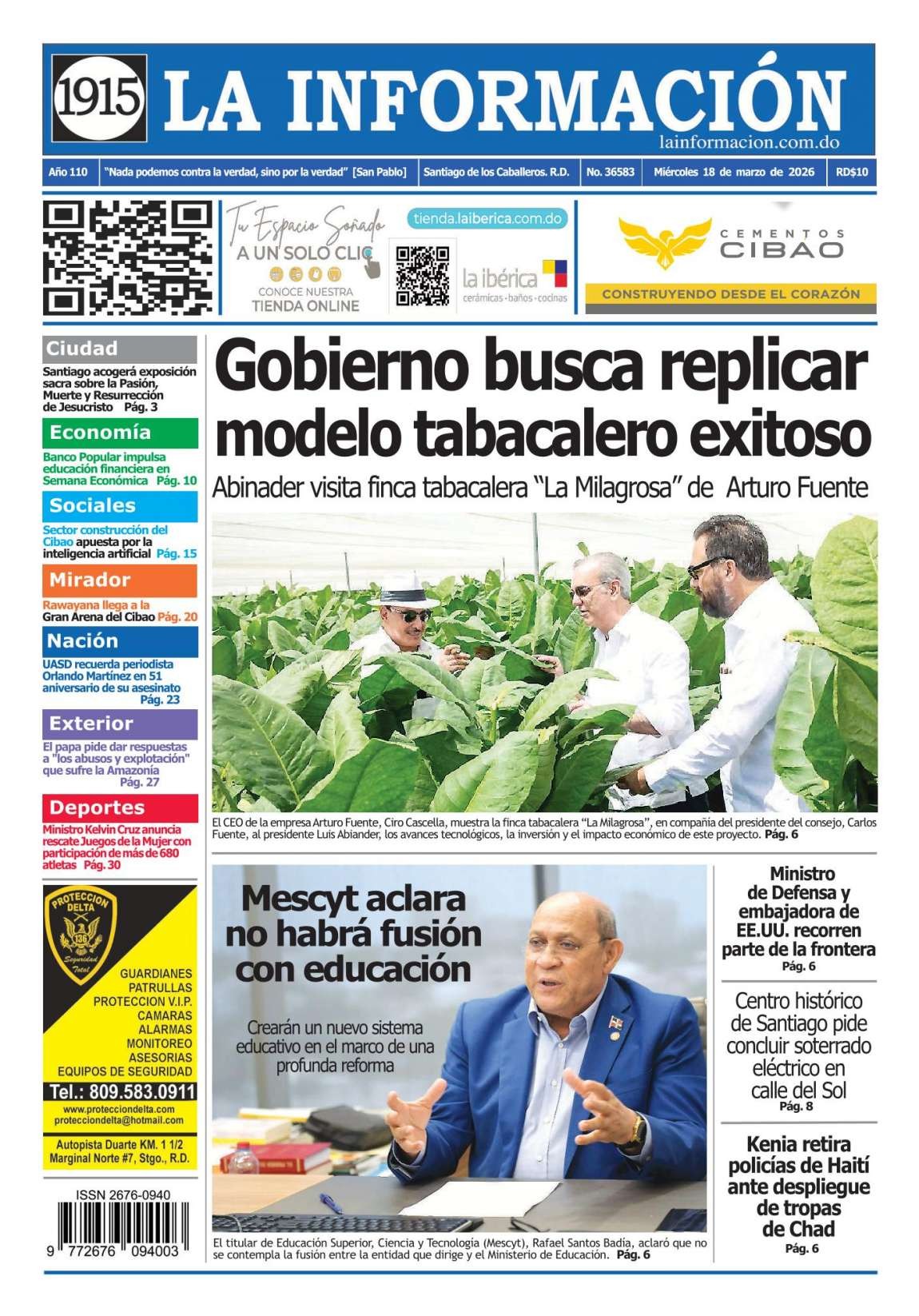 Portada Periódico La Información, Miércoles 18, Marzo, 2026
