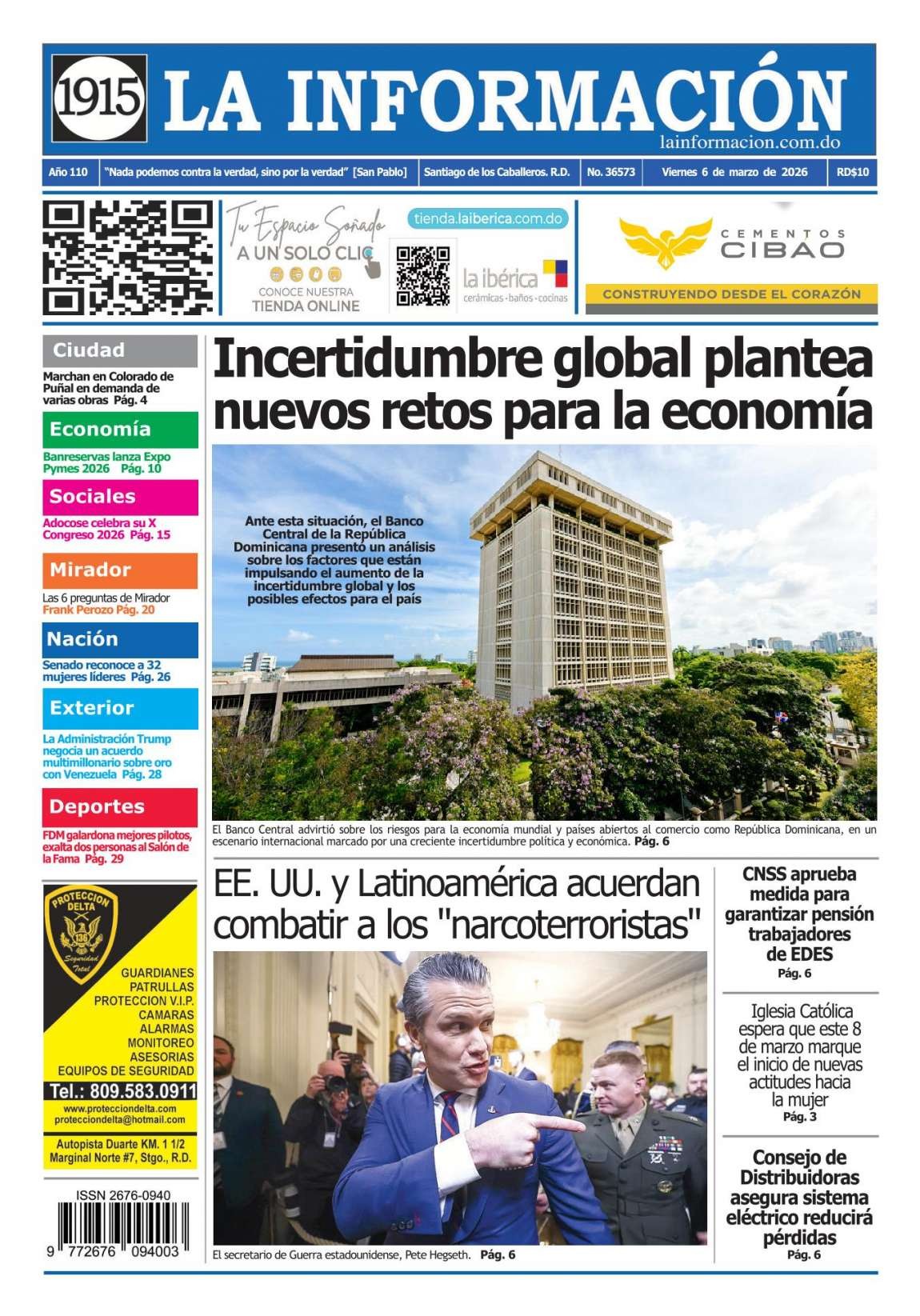Portada Periódico La Información, Viernes 06, Marzo, 2026