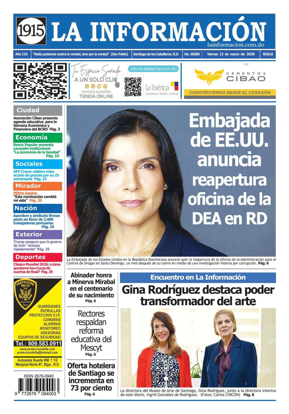 Portada Periódico La Información, Viernes 13, Marzo, 2026