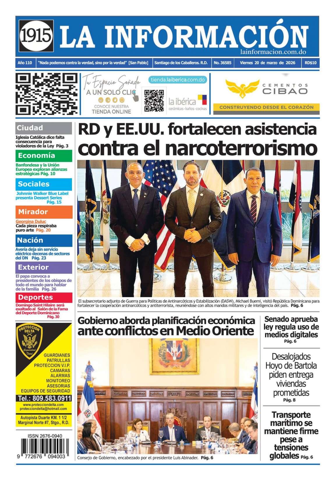Portada Periódico La Información, Viernes 20, Marzo, 2026