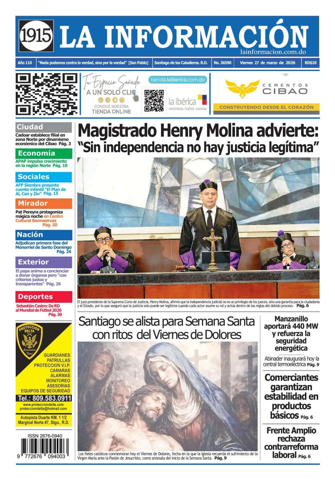 Portada Periódico La Información, Viernes 27, Marzo 2026