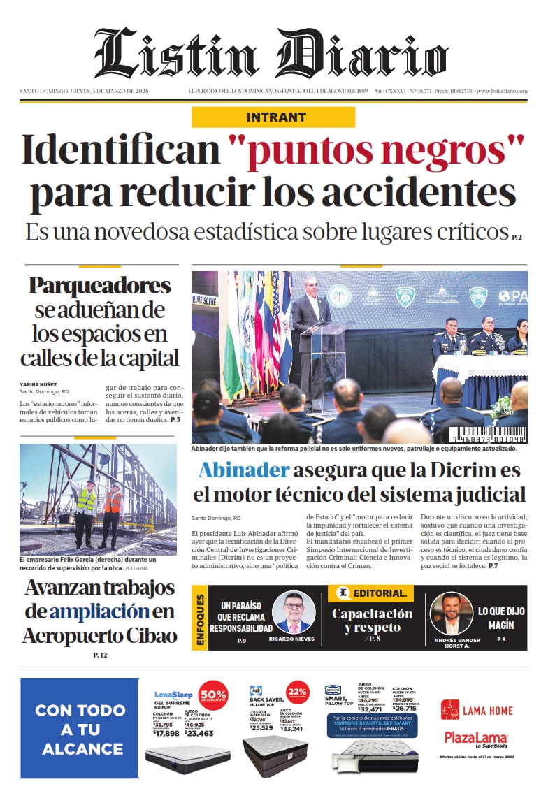 Portada Periódico Listín Diario, Jueves 05, Marzo, 2026