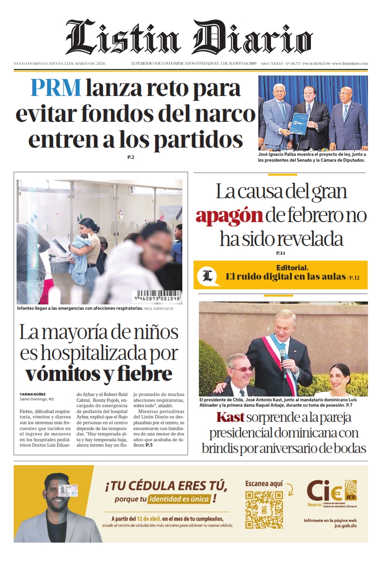 Portada Periódico Listín Diario, Jueves 12, Marzo, 2026