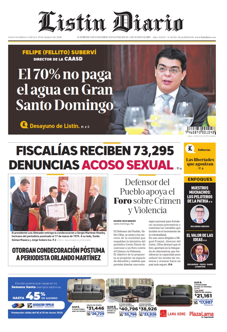 Portada Periódico Listín Diario, Jueves 19, Marzo, 2026