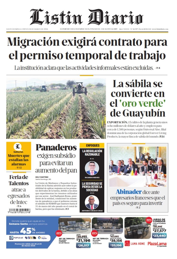 Portada Periódico Listín Diario, Jueves 26, Marzo 2026