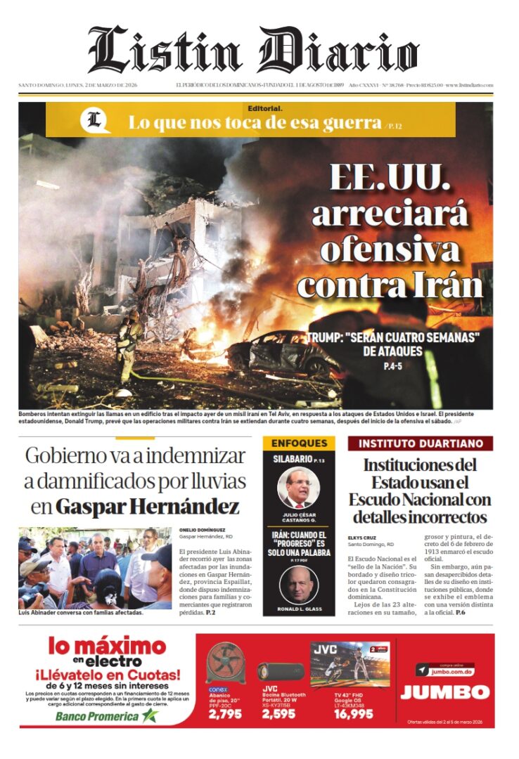 Portada Periódico Listín Diario, Lunes 02, Marzo, 2026