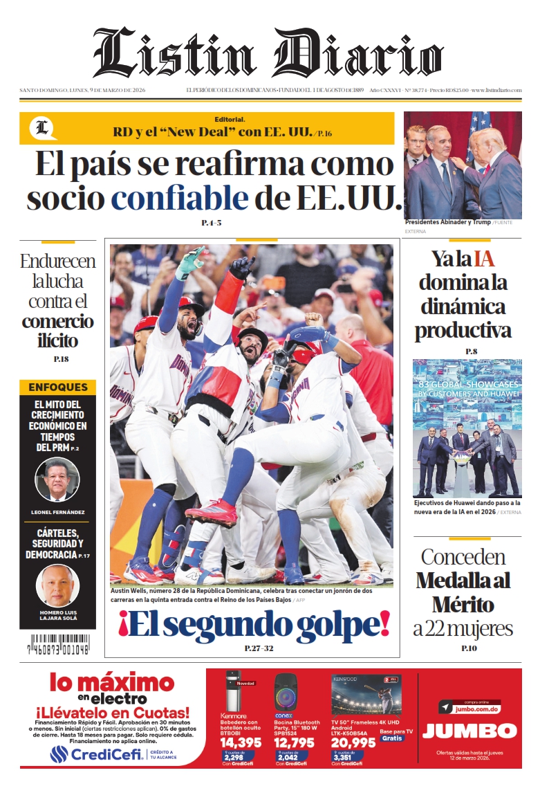 Portada Periódico Listín Diario, Lunes 09, Marzo, 2026