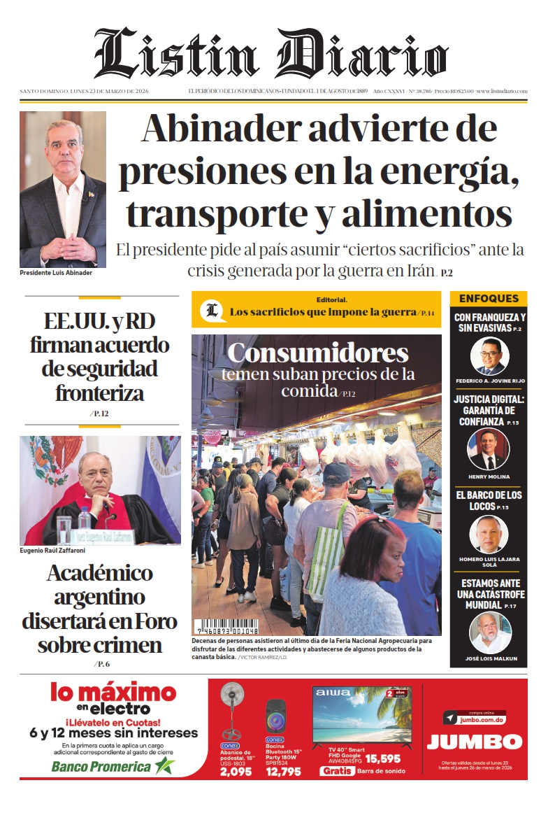 Portada Periódico Listín Diario, Lunes 23, Marzo, 2026