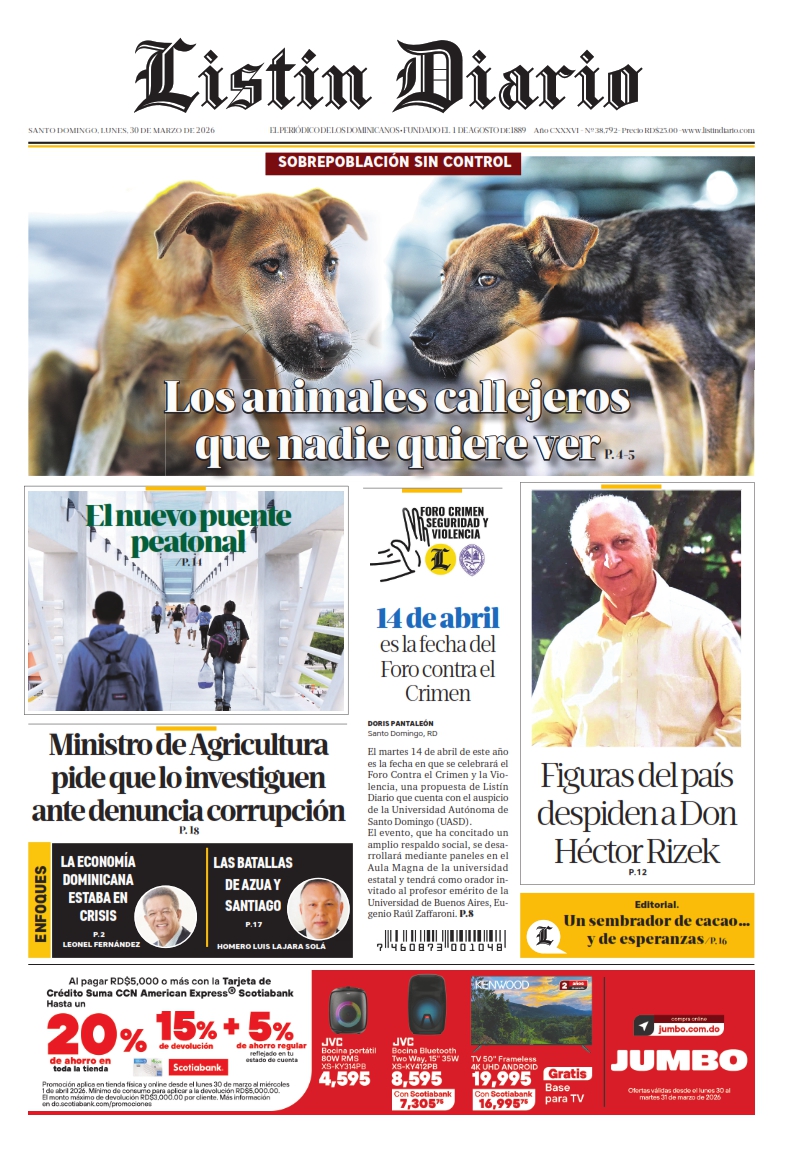 Portada Periódico Listín Diario, Lunes 30, Marzo 2026