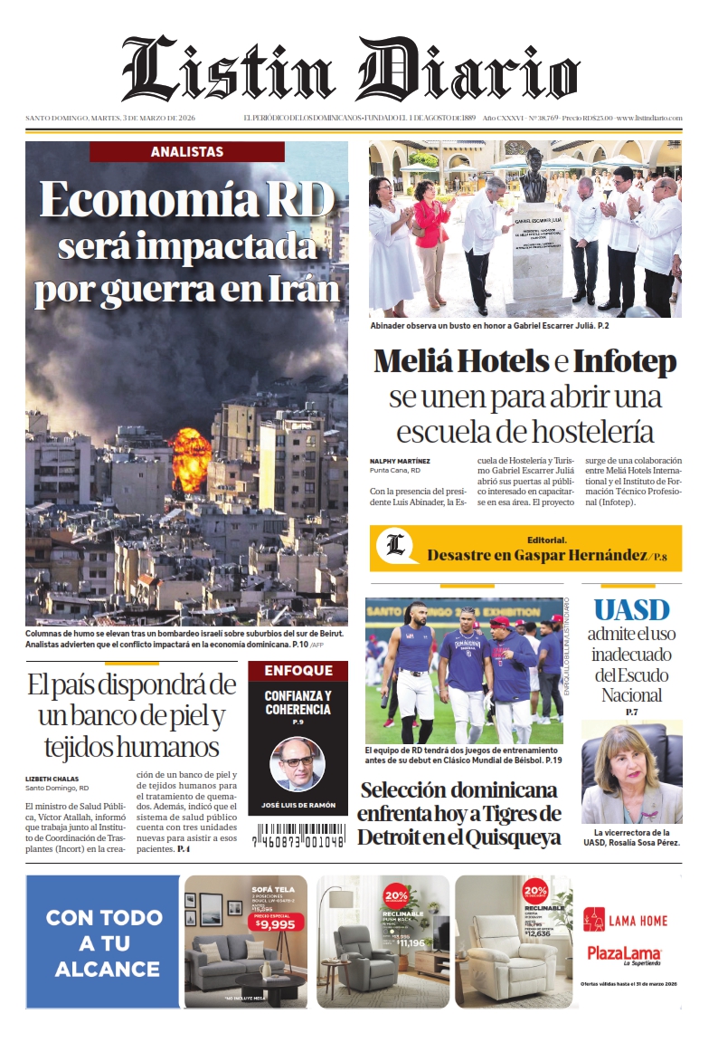 Portada Periódico Listín Diario, Martes 03, Marzo, 2026