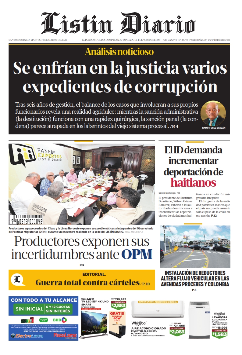 Portada Periódico Listín Diario, Martes 10, Marzo, 2026
