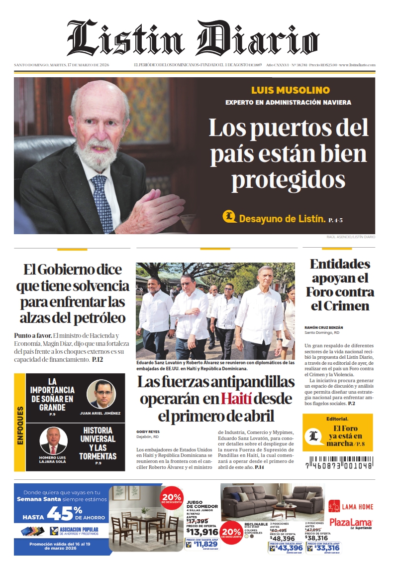 Portada Periódico Listín Diario, Martes 17, Marzo, 2026