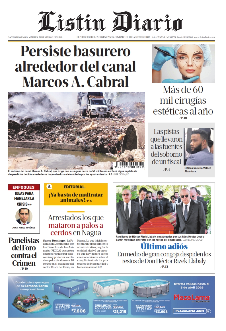 Portada Periódico Listín Diario, Martes 31, Marzo 2026