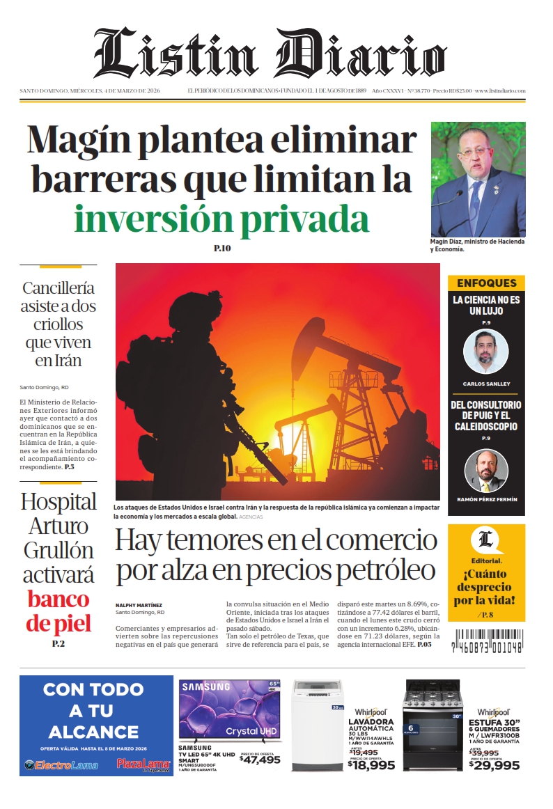 Portada Periódico Listín Diario, Miércoles 04, Marzo, 2026