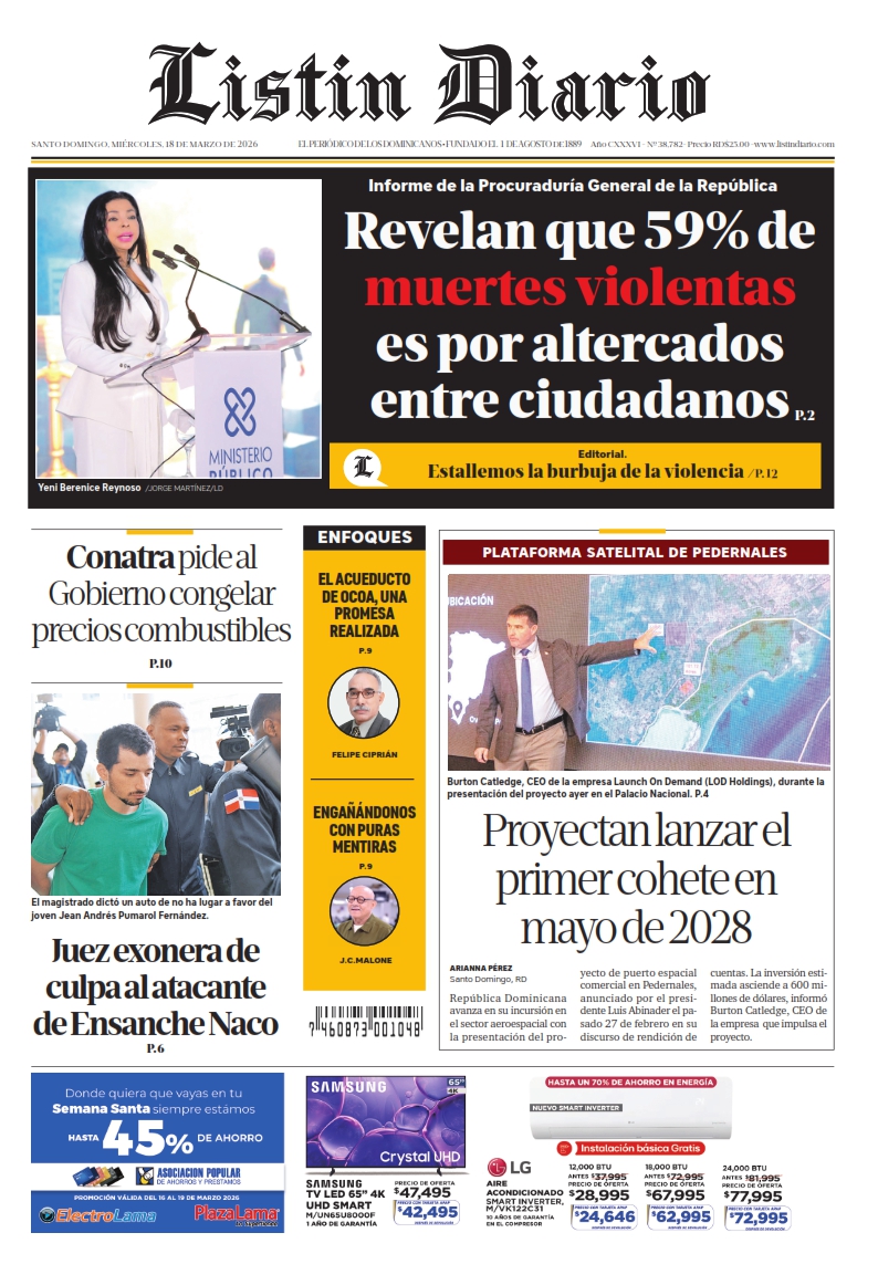 Portada Periódico Listín Diario, Miércoles 18, Marzo, 2026