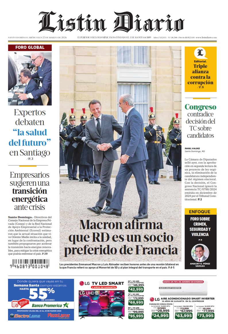 Portada Periódico Listín Diario, Miércoles 25, Marzo, 2026