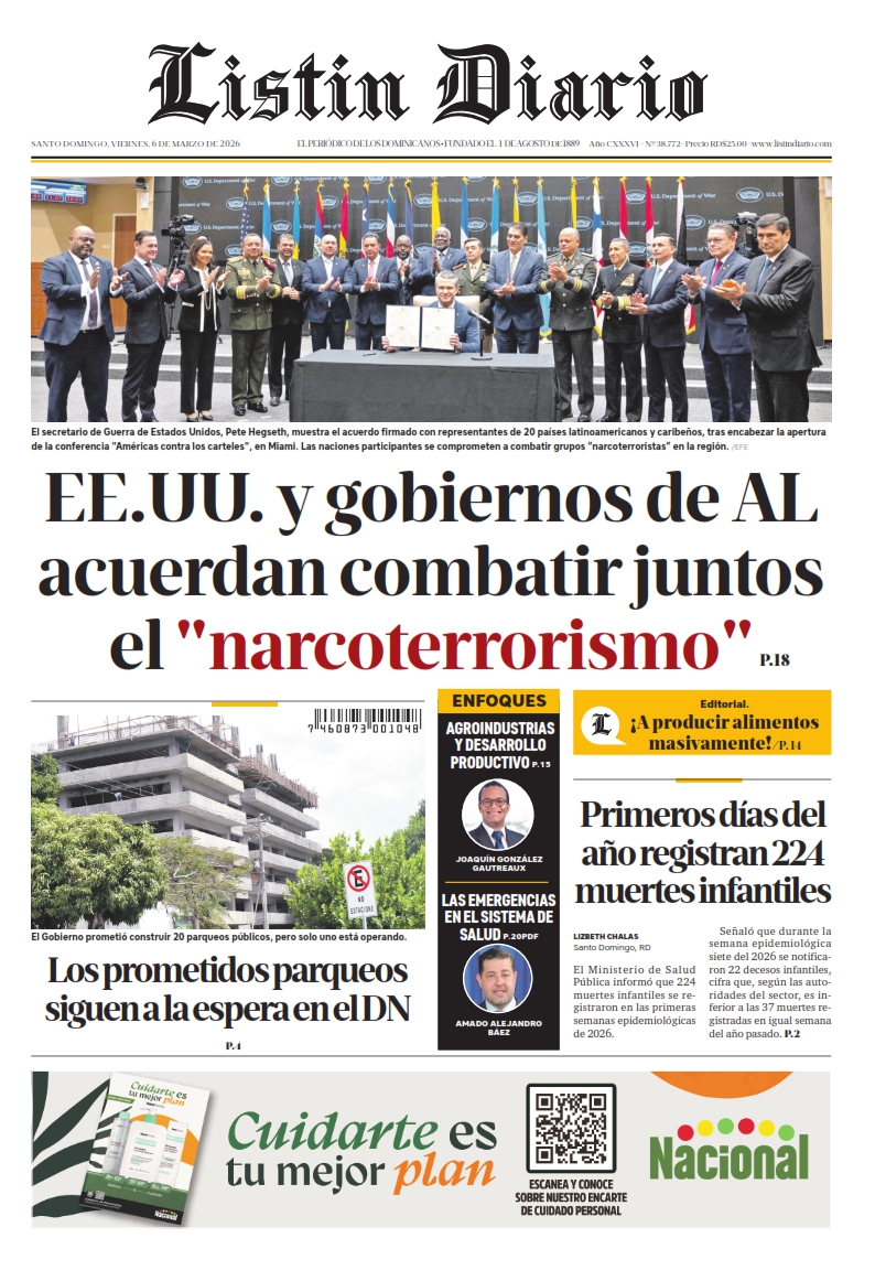 Portada Periódico Listín Diario, Viernes 06, Marzo, 2026