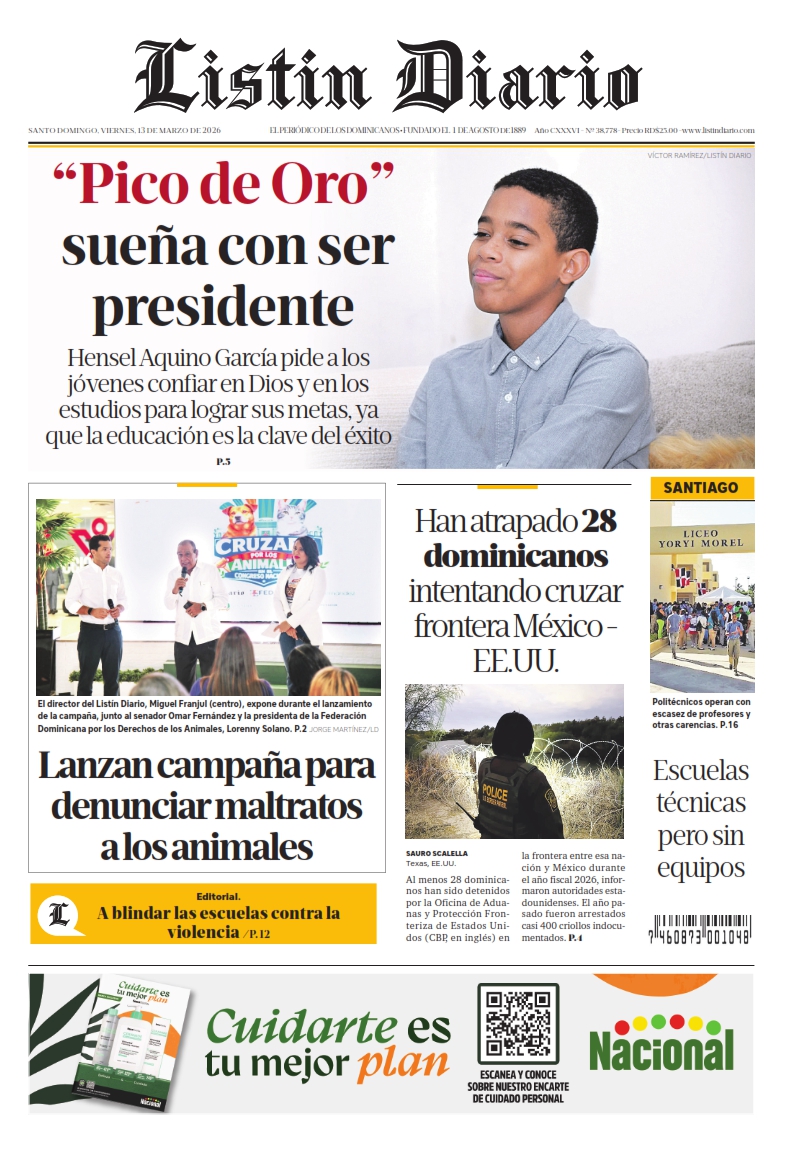 Portada Periódico Listín Diario, Viernes 13, Marzo, 2026