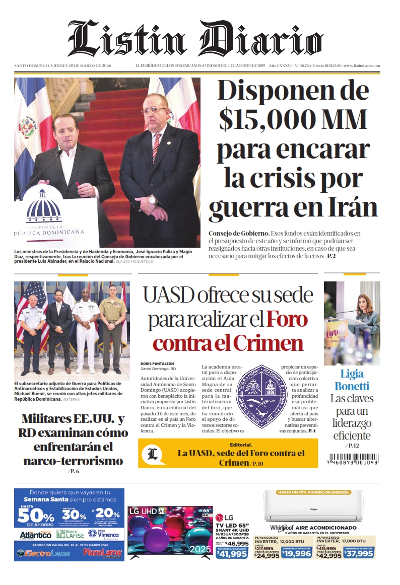 Portada Periódico Listín Diario, Viernes 20, Marzo, 2026
