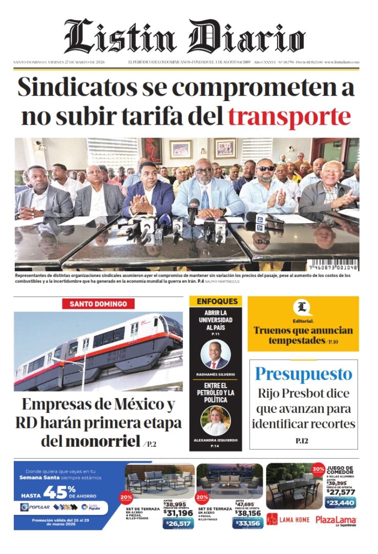 Portada Periódico Listín Diario, Viernes 27, Marzo 2026
