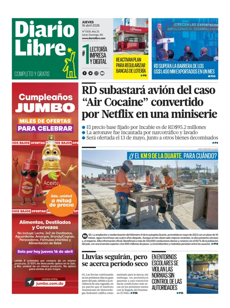 Portada Periódico Diario Libre, Jueves 16, Abril 2026