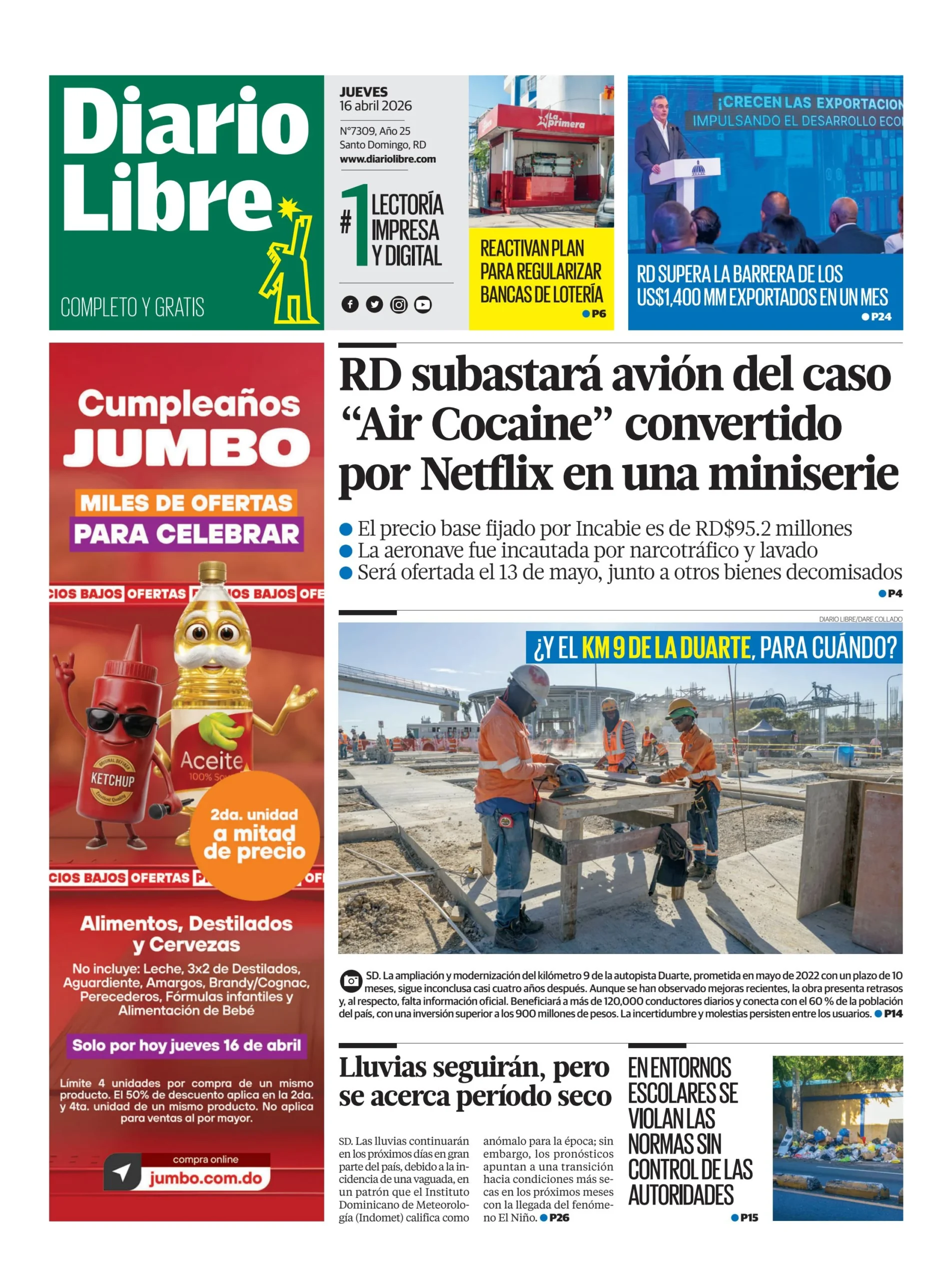 Portada Periódico Diario Libre, Jueves 16, Abril 2026