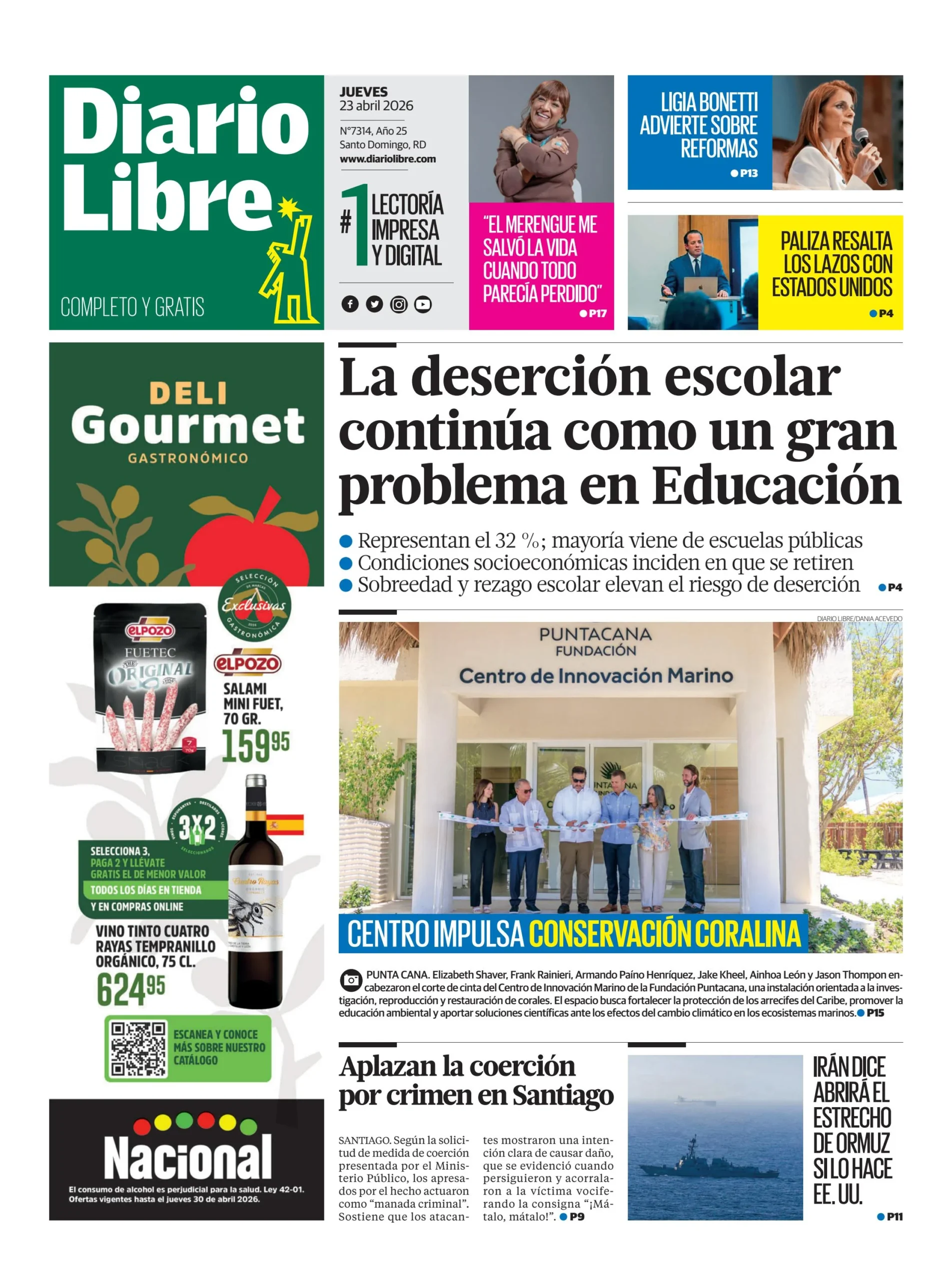 Portada Periódico Diario Libre, Jueves 23, Abril 2026