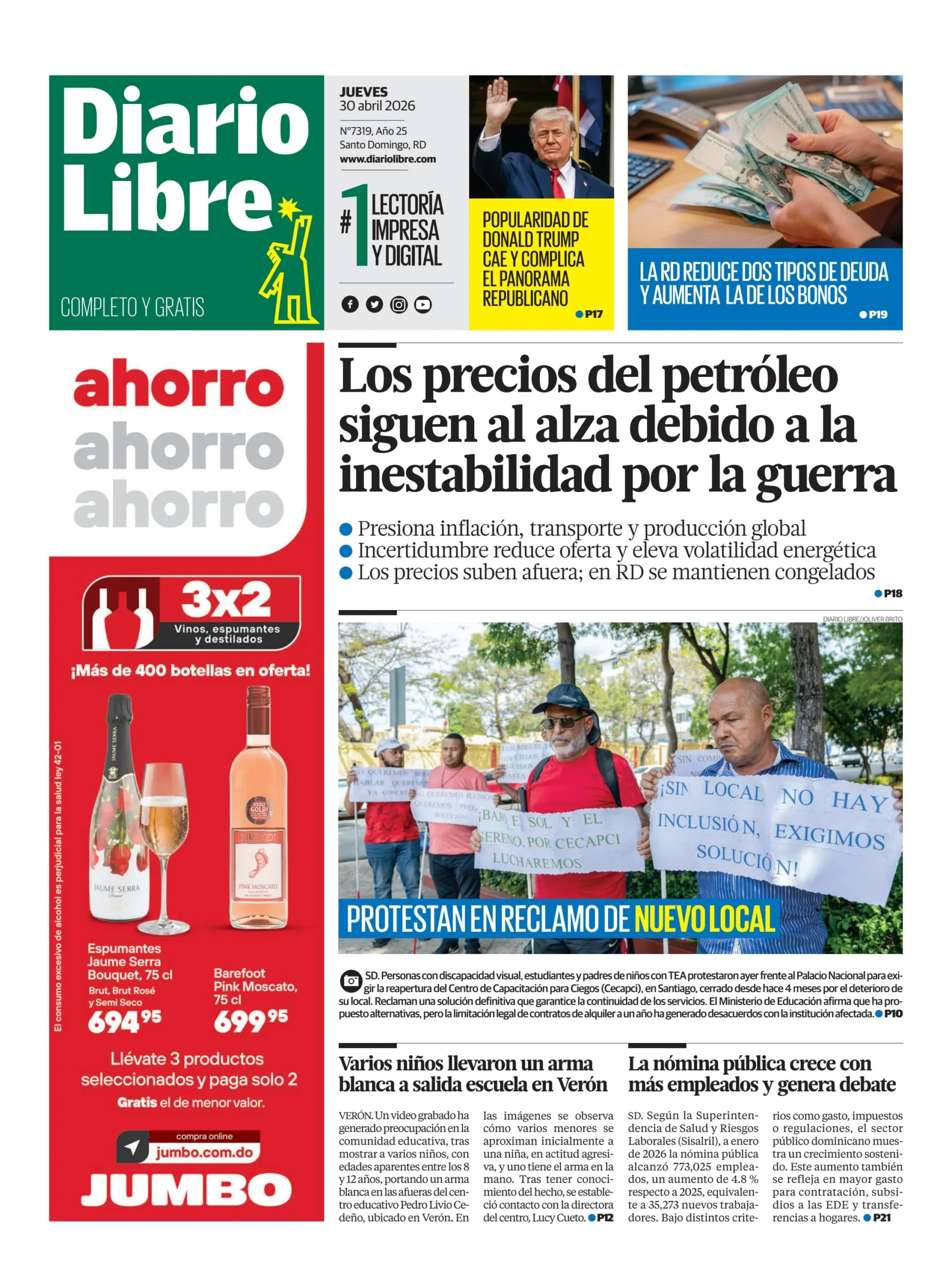 Portada Periódico Diario Libre, Jueves 30, Abril 2026