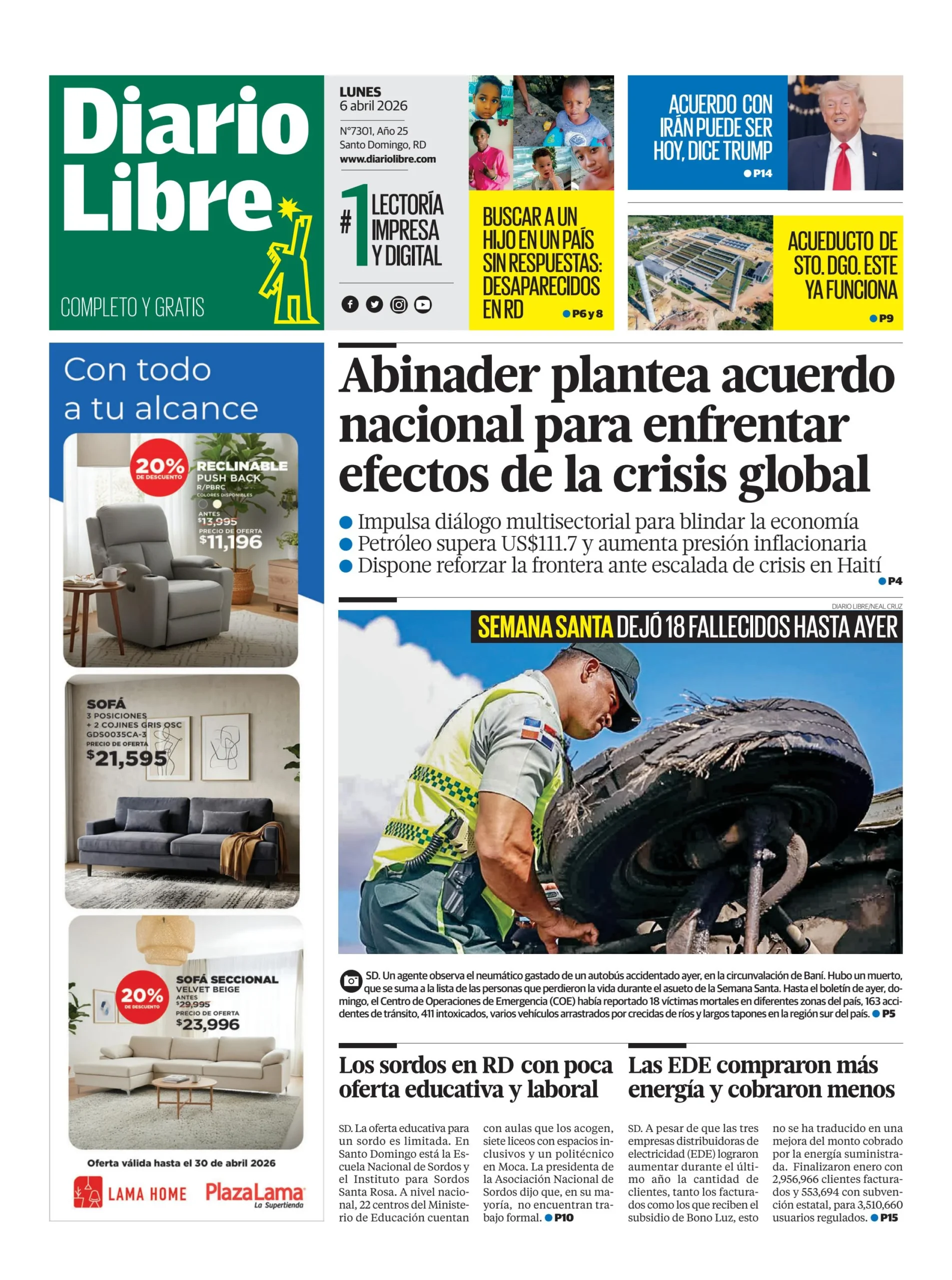 Portada Periódico Diario Libre, Lunes 06, Abril 2026