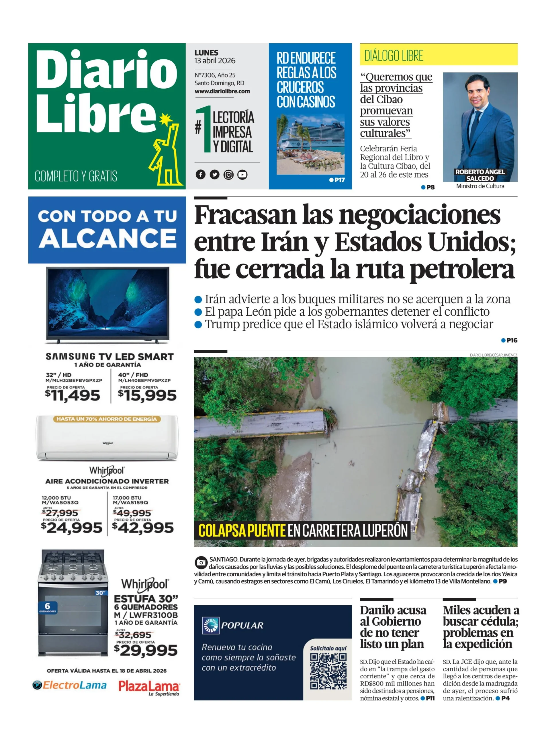 Portada Periódico Diario Libre, Lunes 13, Abril 2026