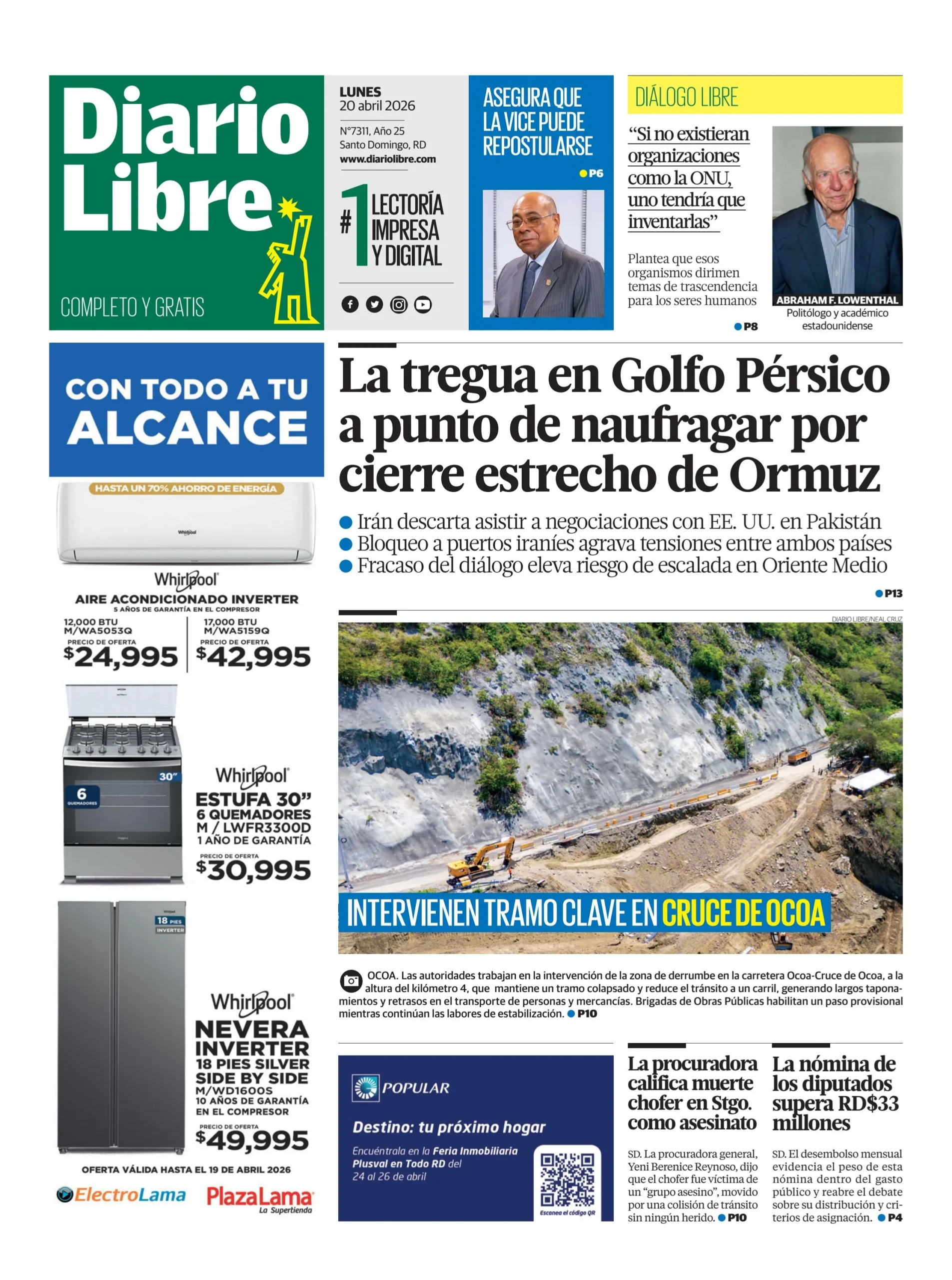Portada Periódico Diario Libre, Lunes 20, Abril 2026
