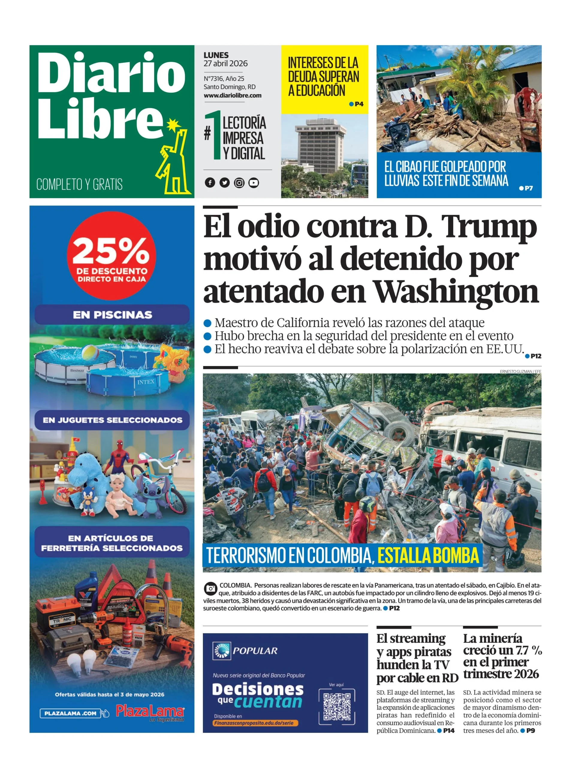 Portada Periódico Diario Libre, Lunes 27, Abril 2026