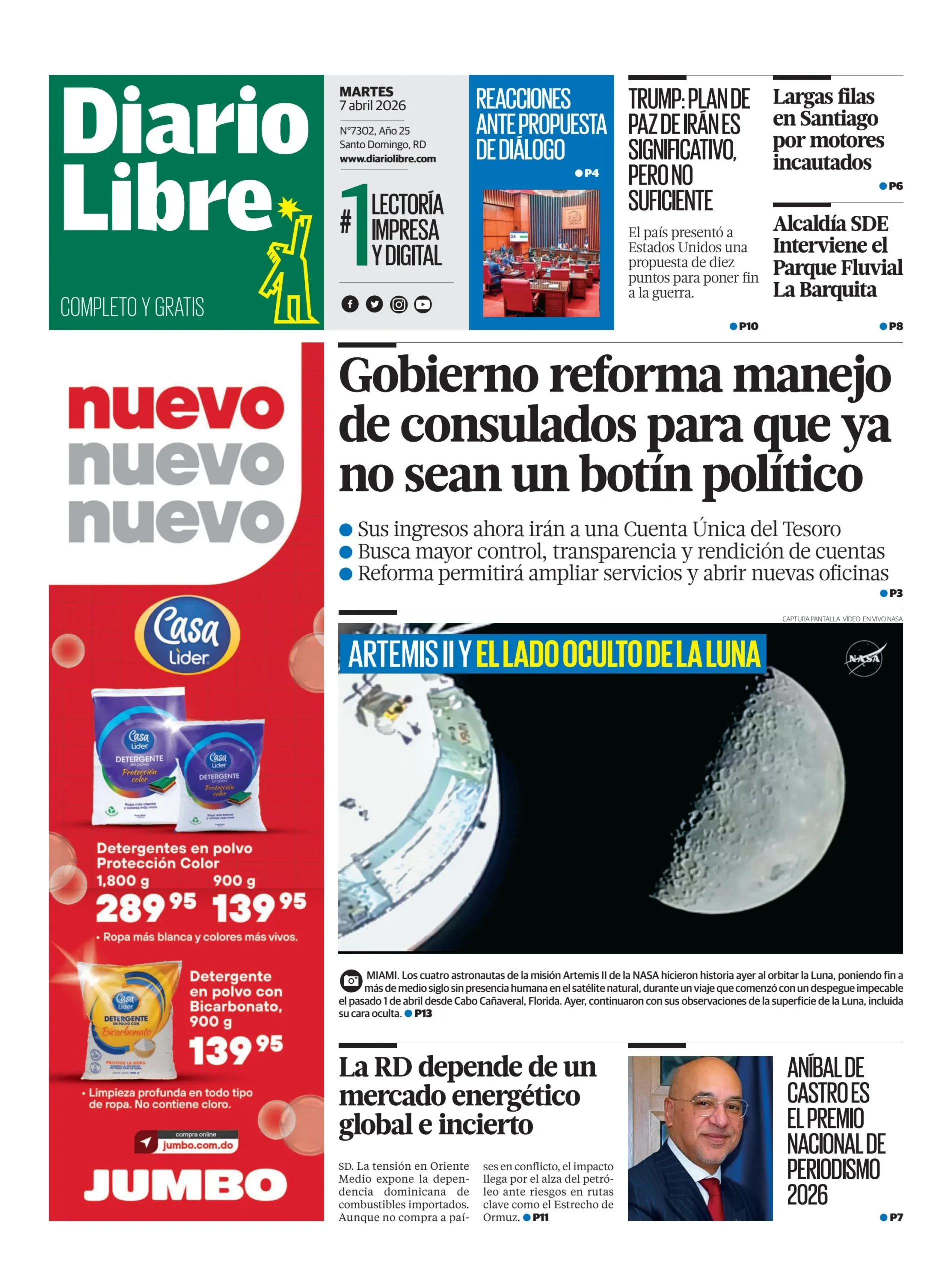 Portada Periódico Diario Libre, Martes 07, Abril 2026