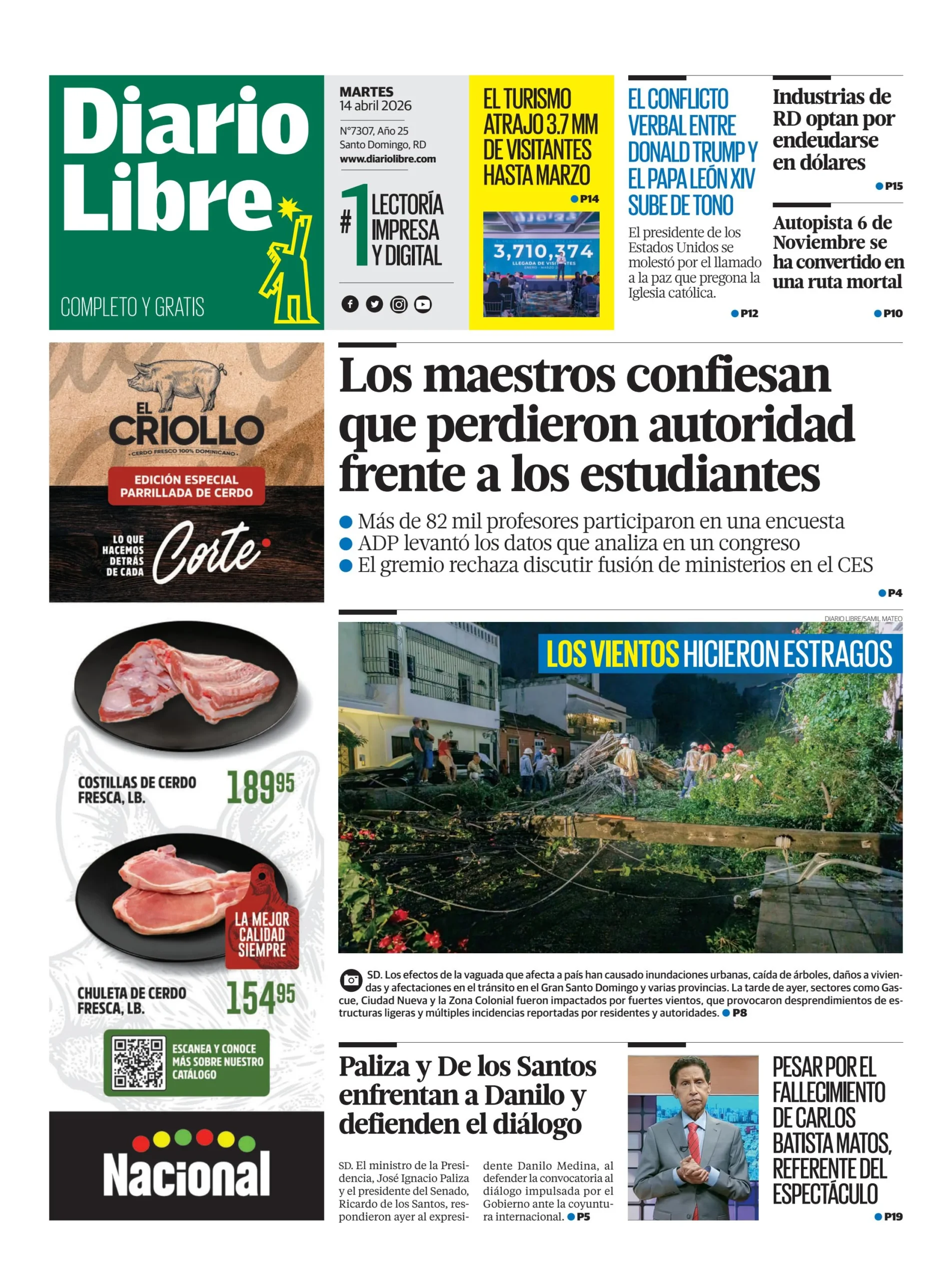 Portada Periódico Diario Libre, Martes 14, Abril 2026