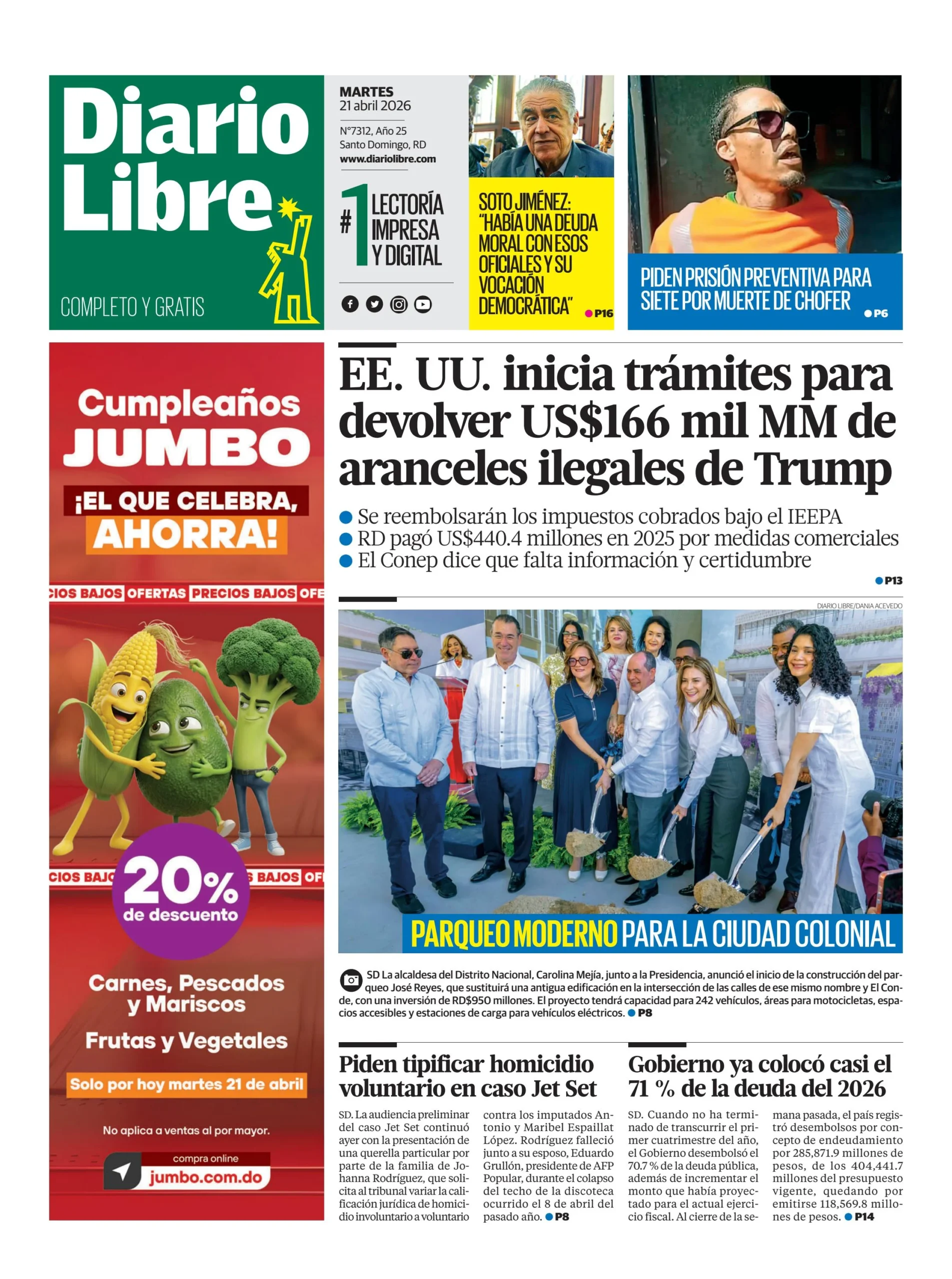 Portada Periódico Diario Libre, Martes 21, Abril 2026